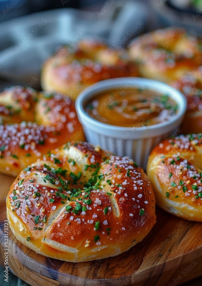 Pretzel - Soft, golden-brown pretzel with coarse salt, served with mustard dip. 