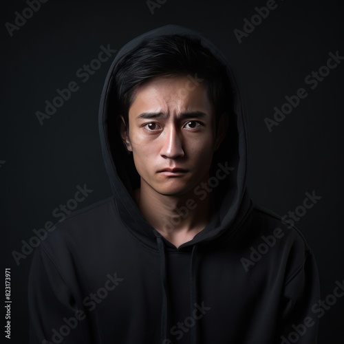 Black background sad asian man realistic person portrait of young teenage beautiful bad mood expression boy Isolated on Background depression anxiety fear burn out