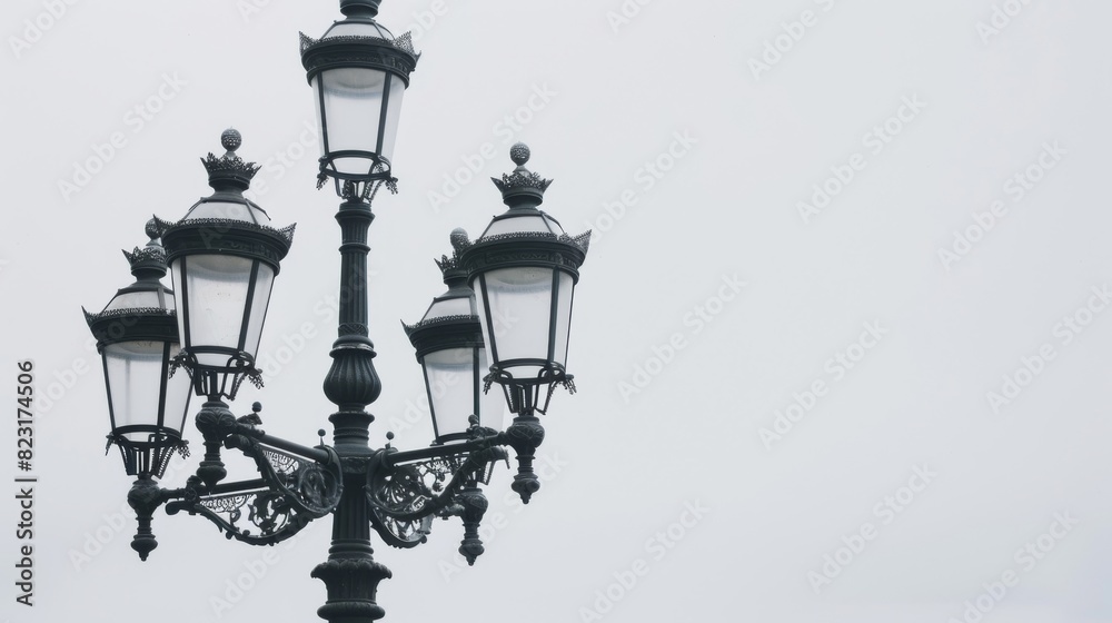 Architect building with vintage street lamp pole on white background.