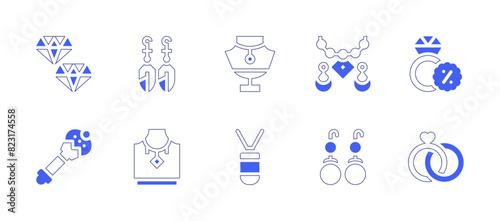 Jewelry icon set. Duotone style line stroke and bold. Vector illustration. Containing earrings  ring  wand  wedding rings  jewelry  diamond  necklace.