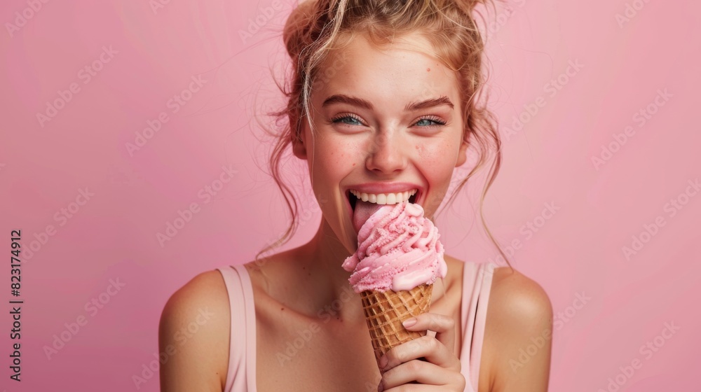 Blissful Moments: Woman Enjoying Ice Cream Cone in Playful Summer Setting Blissful Moments: Woman Enjoying Ice Cream Cone in Playful Summer Setting