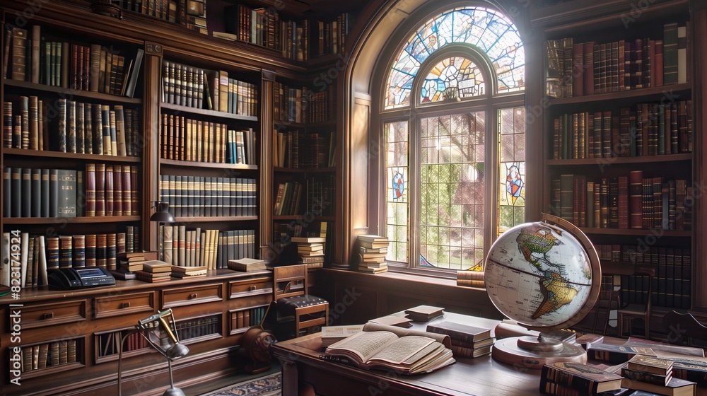 A cozy library corner has shelves of ancient manuscripts and modern textbooks. A globe on a desk under a grand window with stained glass.