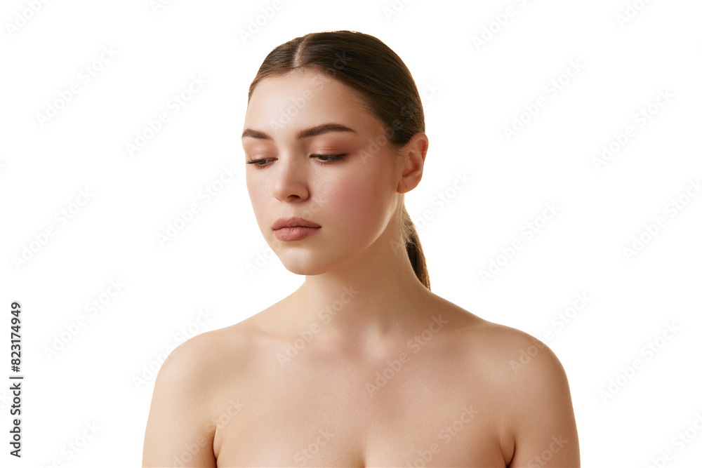 Femininity. Portrait of beautiful brunette girl with neutral make up looking down against white studio background. Copy space. Concept of natural beauty, antiaging treatment, wellness, youth. Ad Femininity. Portrait of beautiful brunette girl with neutral make up looking down against white studio background. Copy space. Concept of natural beauty, antiaging treatment, wellness, youth. Ad