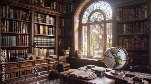 Obraz na płótnie A cozy library corner has shelves of ancient manuscripts and modern textbooks. A globe on a desk under a grand window with stained glass. w salonie