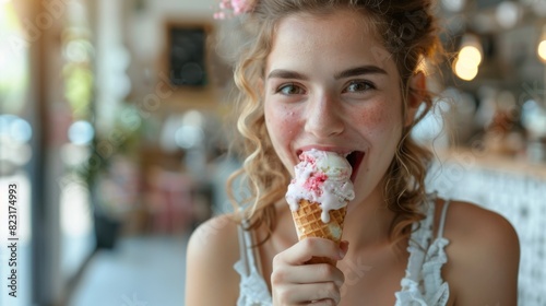 Joyful Woman Savoring Ice Cream Cone with Playful Delight in Studio Setting - Summer Fun and Indulgence Concept