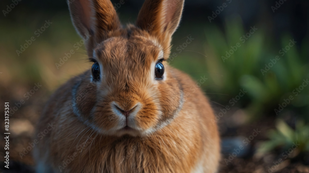 Fototapeta premium Fluffy brown rabbit looking at the camera, close-up