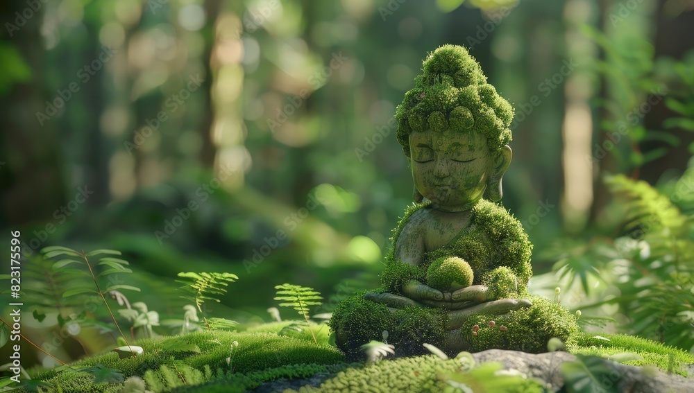Peaceful Buddha with Moss in Forest Peaceful Buddha with Moss in Forest