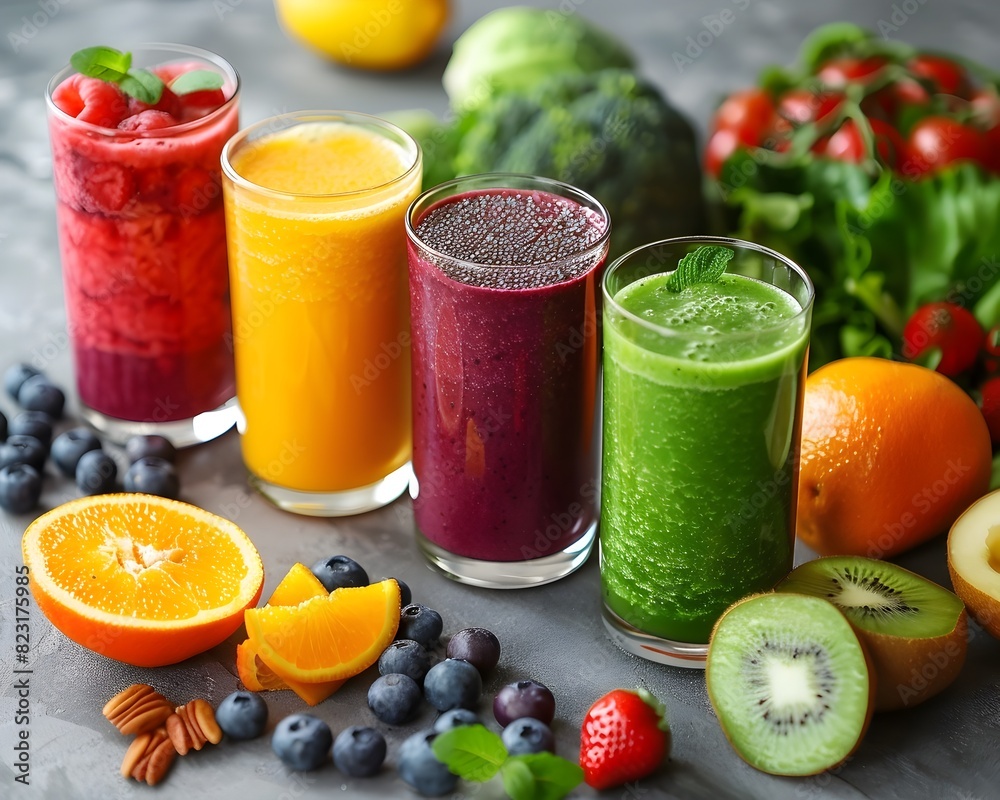 Fototapeta premium Vibrant Detox Smoothie with Fresh Fruits and Vegetables on Display for Wellness Lifestyle