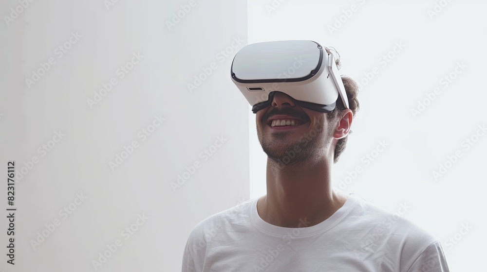 A man joyfully explores virtual reality wearing white VR goggles on a flat white background. Generative AI