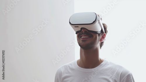 A man joyfully explores virtual reality wearing white VR goggles on a flat white background. Generative AI © Анатолий Савицкий