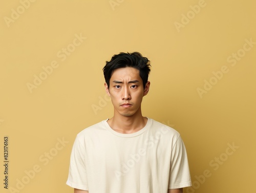 Beige background sad asian man realistic person portrait of young teenage beautiful bad mood expression boy Isolated on Background depression anxiety fear burn out 