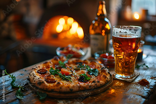 Pizza with beer on a wooden table in a pub. Restaurant