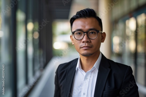 Confident businessman wears glasses and suit in outdoor portrait with blurry background