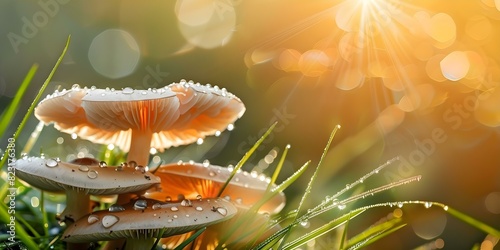 Macro shot of wild mushrooms on grass with dew drops in sunlight. Concept Wild Mushrooms, Macro Photography, Nature, Dew Drops, Sunlight