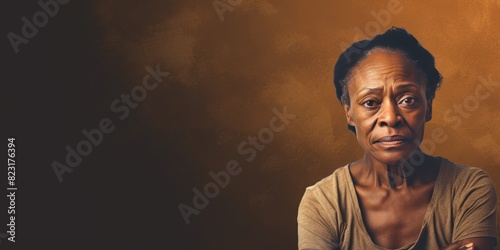 Beige background sad black american independant powerful Woman realistic person portrait of older mid aged person beautiful bad mood expression Isolated 