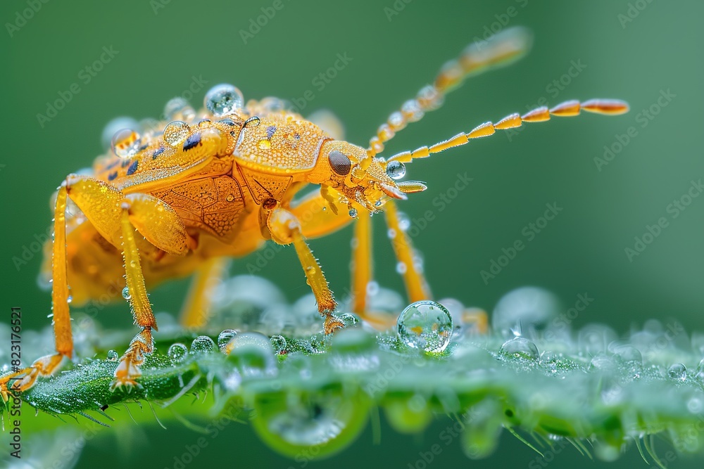 Fototapeta premium Macro photography of an orange aphid on a leaf with water droplets.