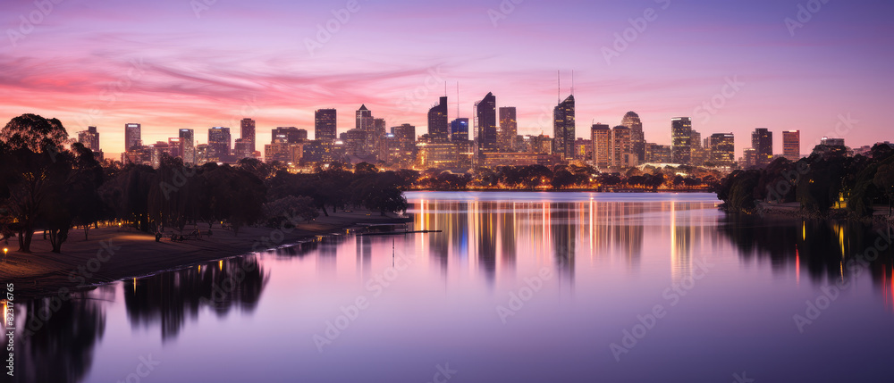 Obraz premium Urban Twilight: Serene Cityscape Reflection Panorama
