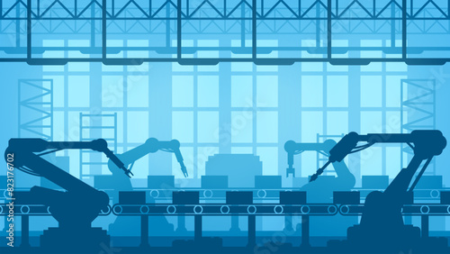 Factory conveyor line with robots, technology industry and production machines, vector background. Industrial factory robotic arms with boxes on conveyor line belt of automated machinery manufacture