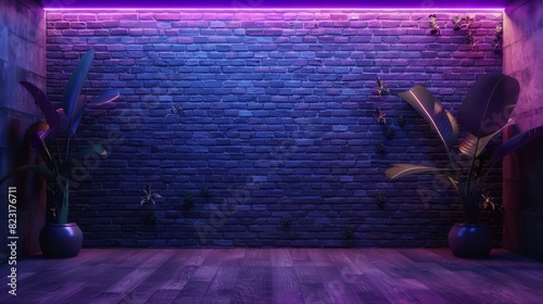 There is nothing in this room but brick walls, neon lights, and a purple plant. photo