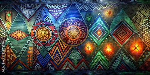Hand-painted African tribal patterns in bold colors on a weathered surface
