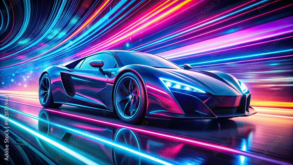 High-speed supercar with glowing neon accents racing on a digital highway