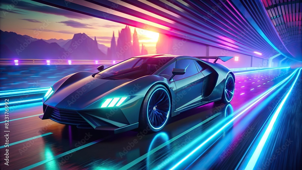 Futuristic sports car on a colorful neon-lit road showcasing its powerful acceleration