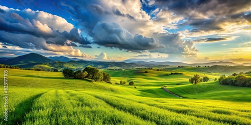 Peaceful nature scene with vibrant green grass fields and distant hills against a partly cloudy sky photo
