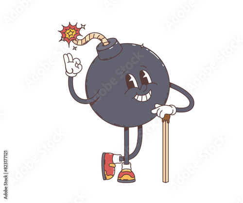 Groovy retro cartoon bomb character with funky face and happy smile, vector 70s art. Groovy funny TNT bomb or cannonball with sparkling fuse and match, silly happy smile for explosive emoji emoticon