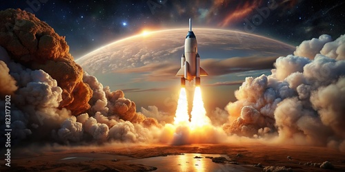 Space exploration concept with a spacecraft launching towards Mars amidst a cloud of smoke and fire photo