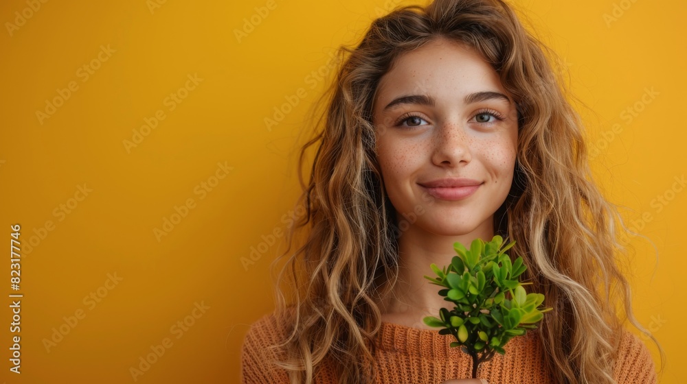 Smiling Central European Woman, 23, Painting Tree Cutout on Yellow Background - Realistic Advertising Photo Concept Smiling Central European Woman, 23, Painting Tree Cutout on Yellow Background - Realistic Advertising Photo Concept