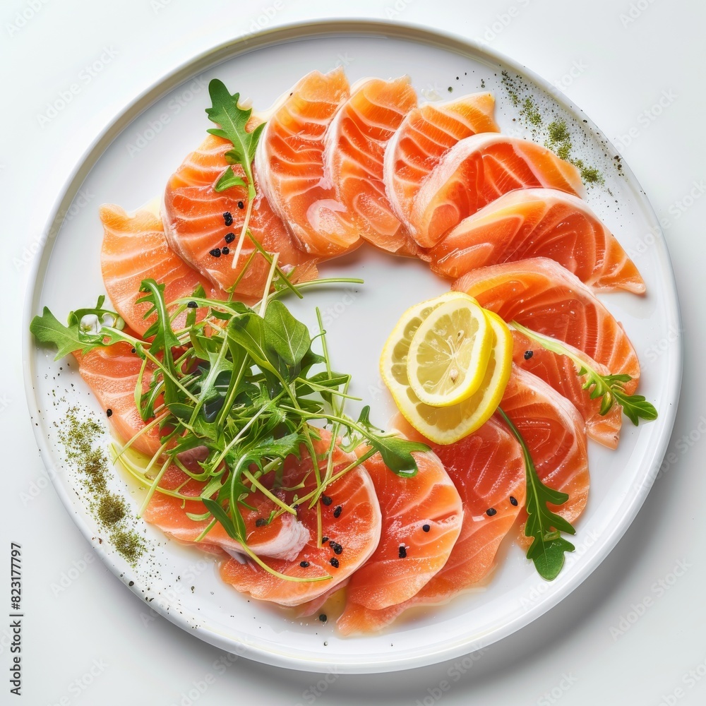 Sashimi, Raw Red Fish, Trout Slices, Salted Salmon Fillet with Lemon and Greens on Elegant Flat Plate Sashimi, Raw Red Fish, Trout Slices, Salted Salmon Fillet with Lemon and Greens on Elegant Flat Plate