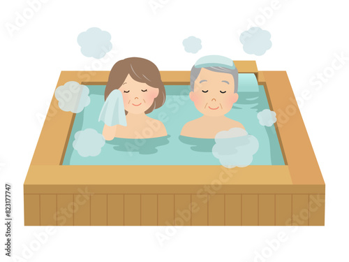 温泉に入るシニア夫婦のベクターイラスト