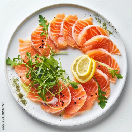 Sashimi, Raw Red Fish, Trout Slices, Salted Salmon Fillet with Lemon and Greens on Elegant Flat Plate