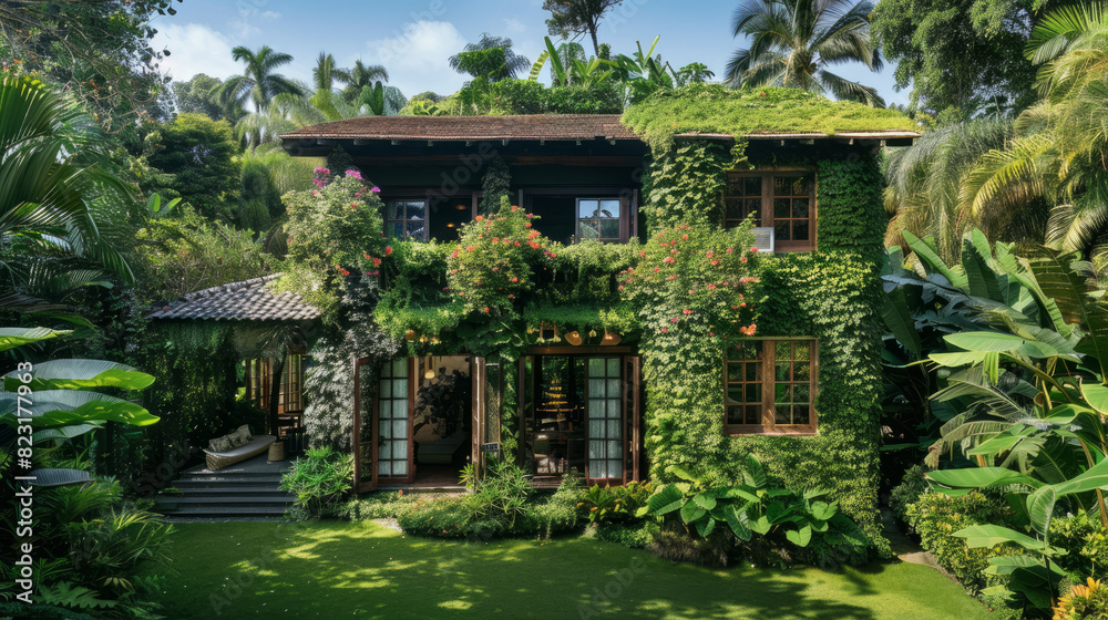 A house covered in lush greenery blends seamlessly into the vibrant backdrop.