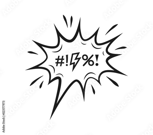 Comic swear speech bubble, cartoon bad word curse or aggressive expletive shout, doodle vector. Hate angry exclamation with bad word speech in blast cloud for explicit talk and rude swear shout