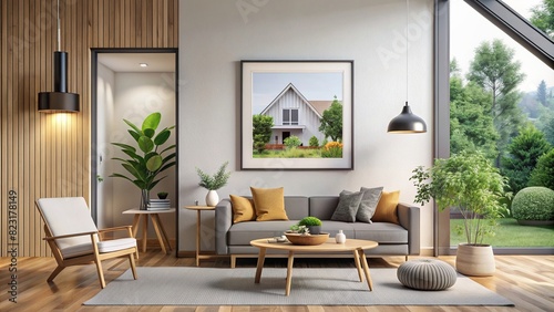 Modern interior poster mockup with house background