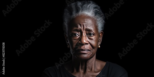 Black background sad black american independant powerful Woman realistic person portrait of older mid aged person beautiful bad mood expression Isolated photo