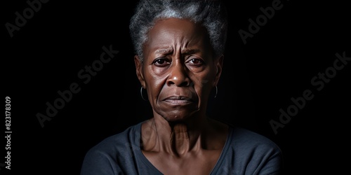 Black background sad black american independant powerful Woman realistic person portrait of older mid aged person beautiful bad mood expression Isolated photo