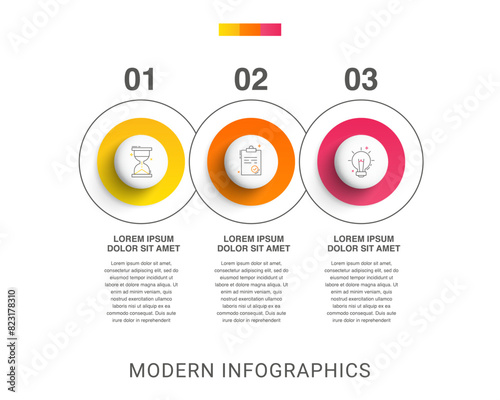 Modern infographics vector template. Cyclic infographic with three circles. Timeline design template with 3 options, steps, and parts. Flat illustration for business.