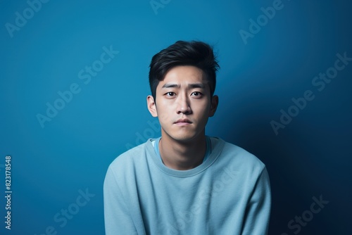 Blue background sad asian man realistic person portrait of young teenage beautiful bad mood expression boy Isolated on Background depression anxiety fear  © Zickert