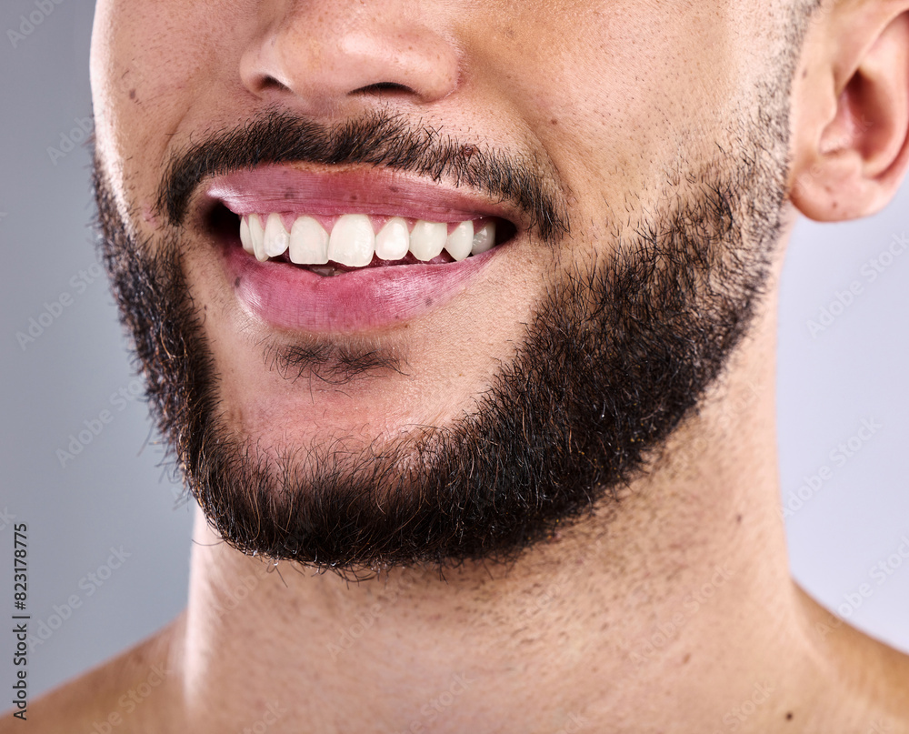 Mouth, teeth and smile with beard of person in studio on gray background for dental hygiene. Dentist, happy and oral care with confident model closeup for cosmetics, tooth whitening or wellness Mouth, teeth and smile with beard of person in studio on gray background for dental hygiene. Dentist, happy and oral care with confident model closeup for cosmetics, tooth whitening or wellness