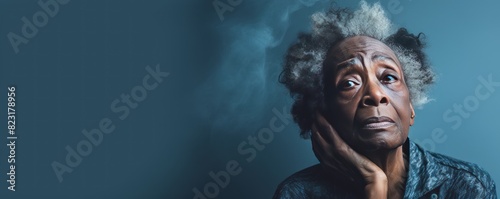 Blue background sad black american independant powerful Woman realistic person portrait of older mid aged person beautiful bad mood expression  photo