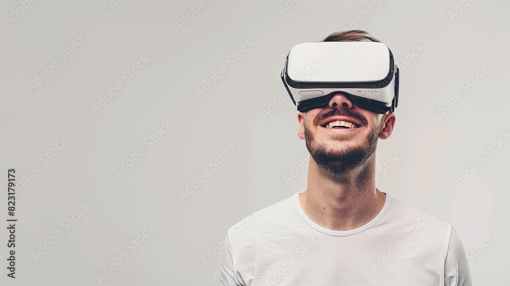 A man in a white t-shirt wearing virtual reality glasses smiles in a head-on portrait on a blank white background. Generative AI A man in a white t-shirt wearing virtual reality glasses smiles in a head-on portrait on a blank white background. Generative AI