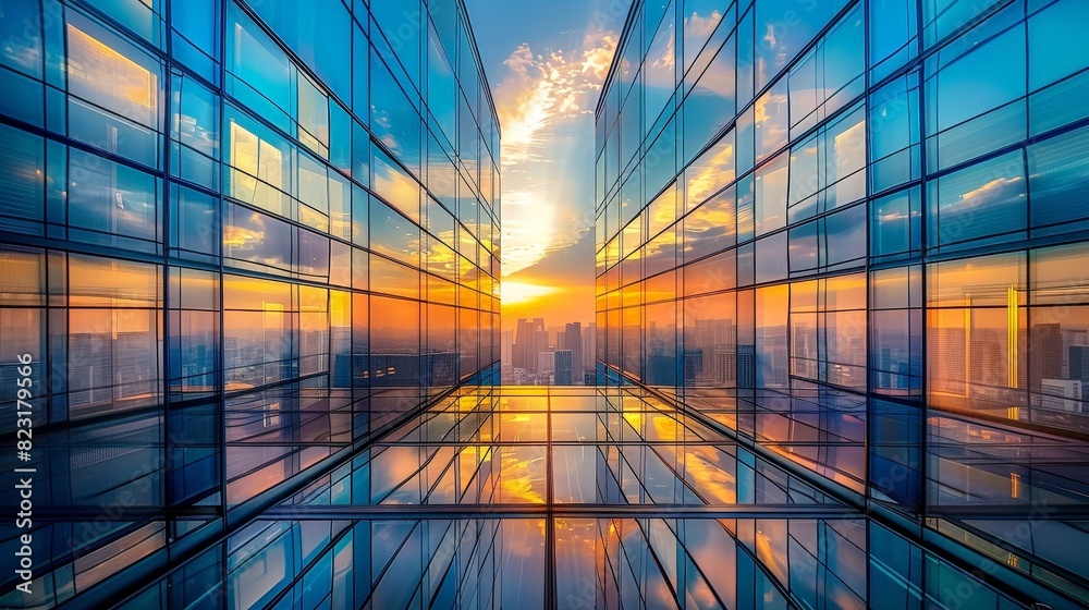 The photo shows the interior of a modern glass skyscraper with a beautiful sunset in the background.