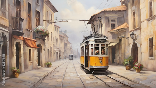 Tram in old city, oil paintings landscape.
