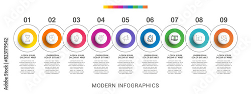 Modern infographics vector template. Cyclic infographic with nine circles. Timeline design template with 9 options, steps, and parts. Flat illustration for business.