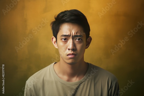 Bronze background sad asian man realistic person portrait of young teenage beautiful bad mood expression boy Isolated on Background depression anxiety fear burn out © Zickert