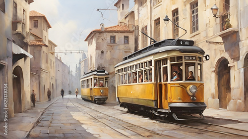 Tram in old city, oil paintings landscape.