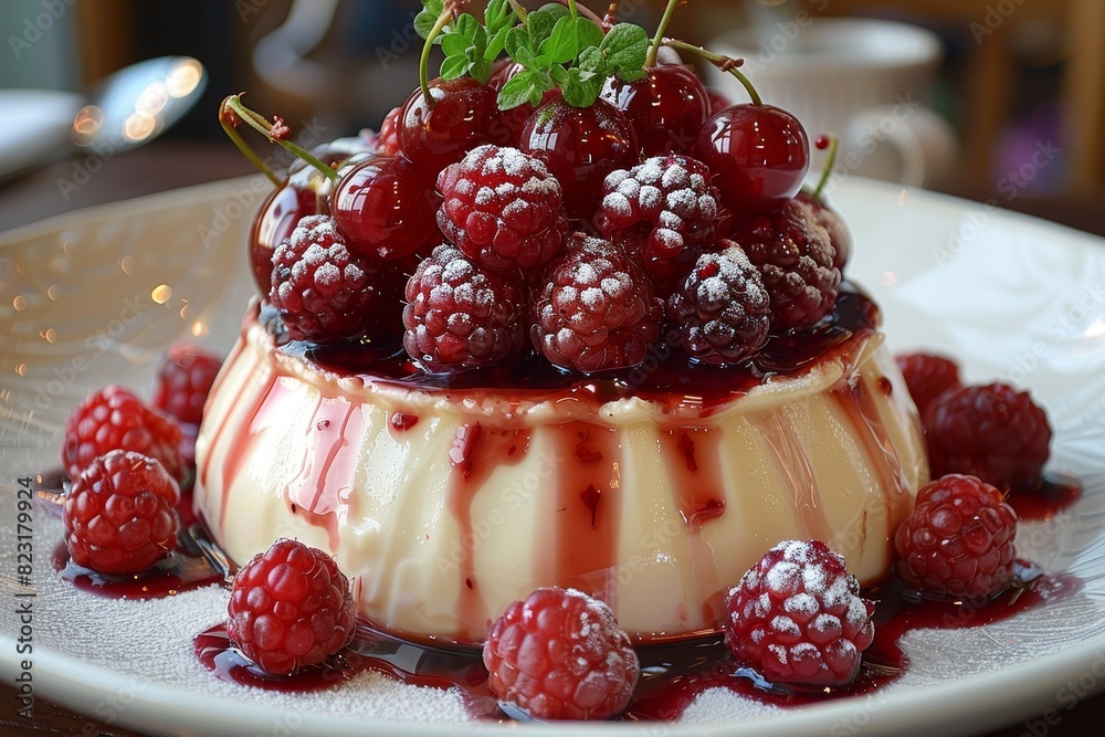 Rote Grütze - Red berry pudding topped with vanilla sauce. Rote Grütze - Red berry pudding topped with vanilla sauce.