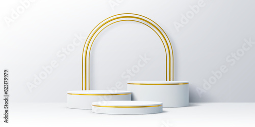 White podium with golden arch and round base stage. Realistic 3d vector elegant display setup with three cylindrical scenes accentuated with gold stripes and arching backdrop for showcasing products